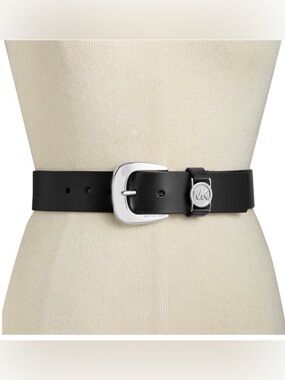 Michael Kors Black Leather Belt with Silver MK Medallion